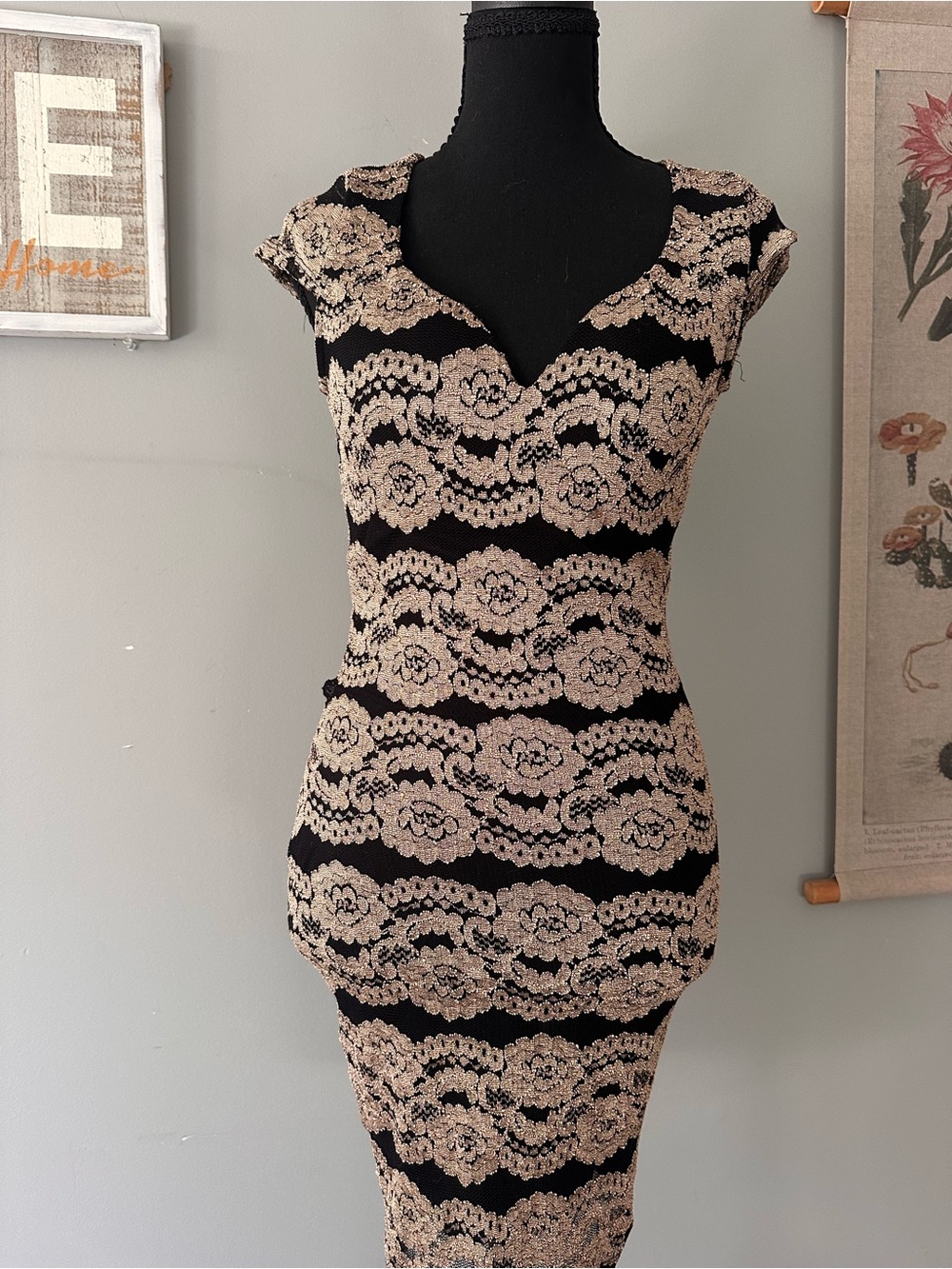 Windsor Black Midi Dress with Cream Lace Pattern